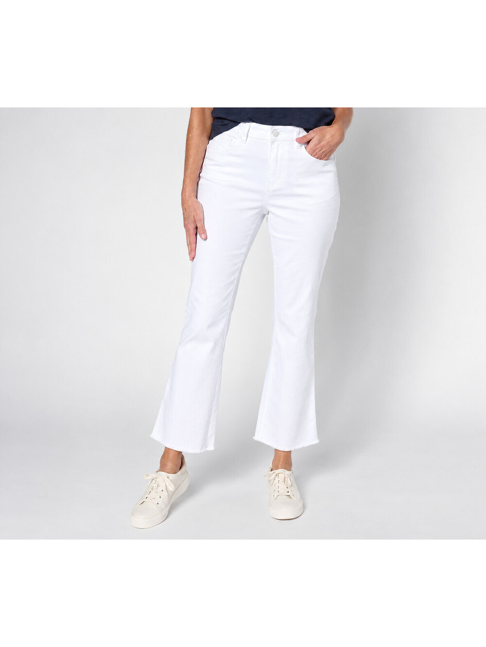 Belle by Kim Gravel TripleLuxe Twill Ankle Flare Jeans White, Size Tall 10